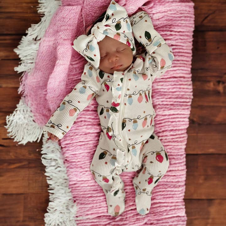 SpearmintLOVE - Wholesale Jumpsuit - Baby - Organic Waffle Ruffle Zip Footie, Pink Christmas Lights