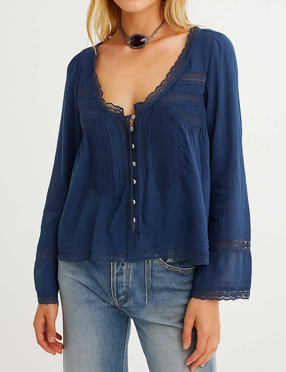 Sweetkama – wholesale Blouse – Women’s – Ladies U-Neck Lace Splice Hollow Out Blouse Top13