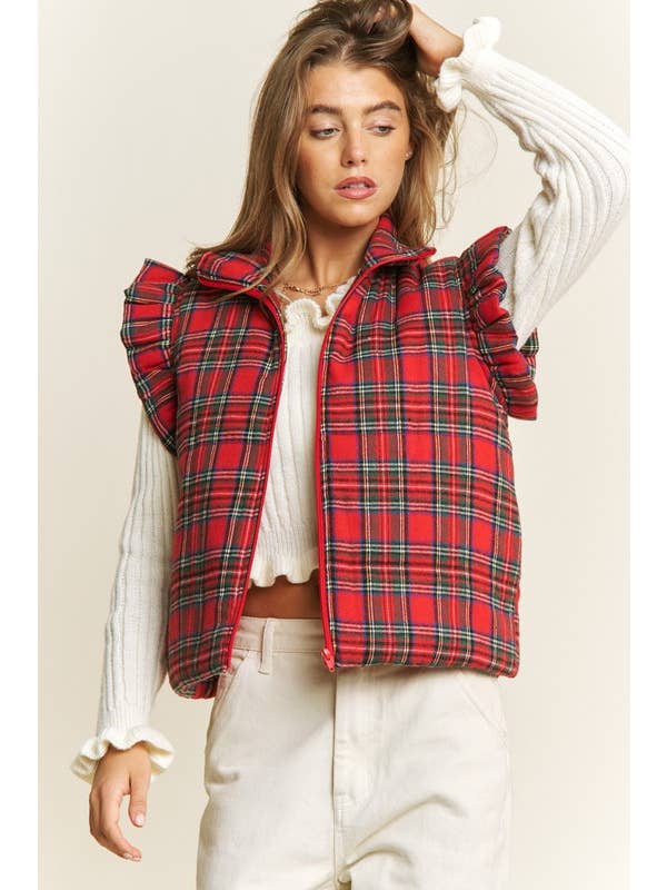 RED EVERYDAY PLAID PUFF ZIP UP VEST JACKET with ARMHOL for wholesale on Faire2
