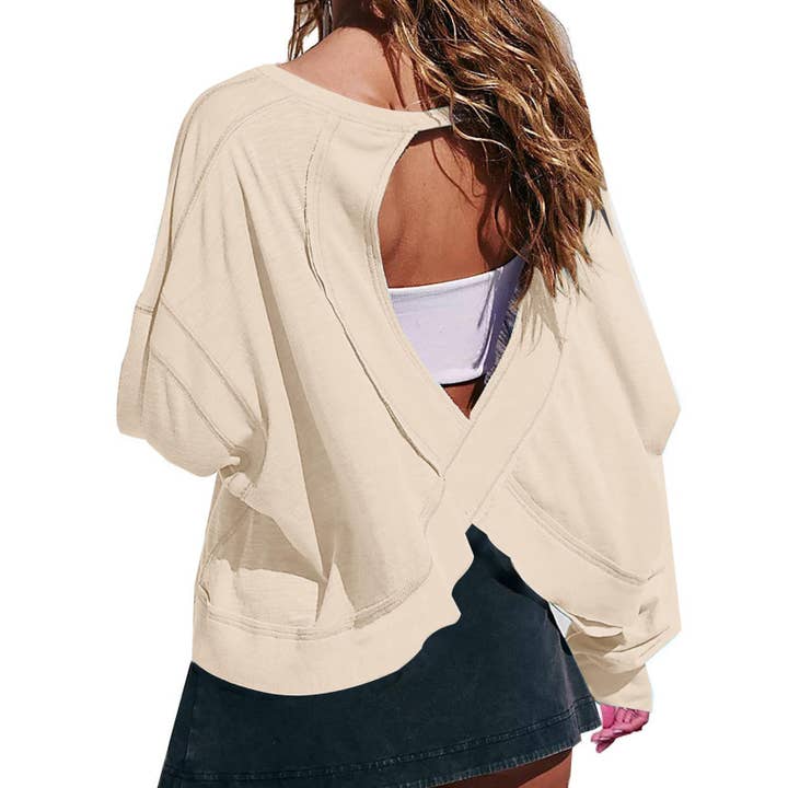 HIDDENBRAND - Wholesale T-Shirt - Women's - Slouchy wrapped cutout back workout long sleeve Tee