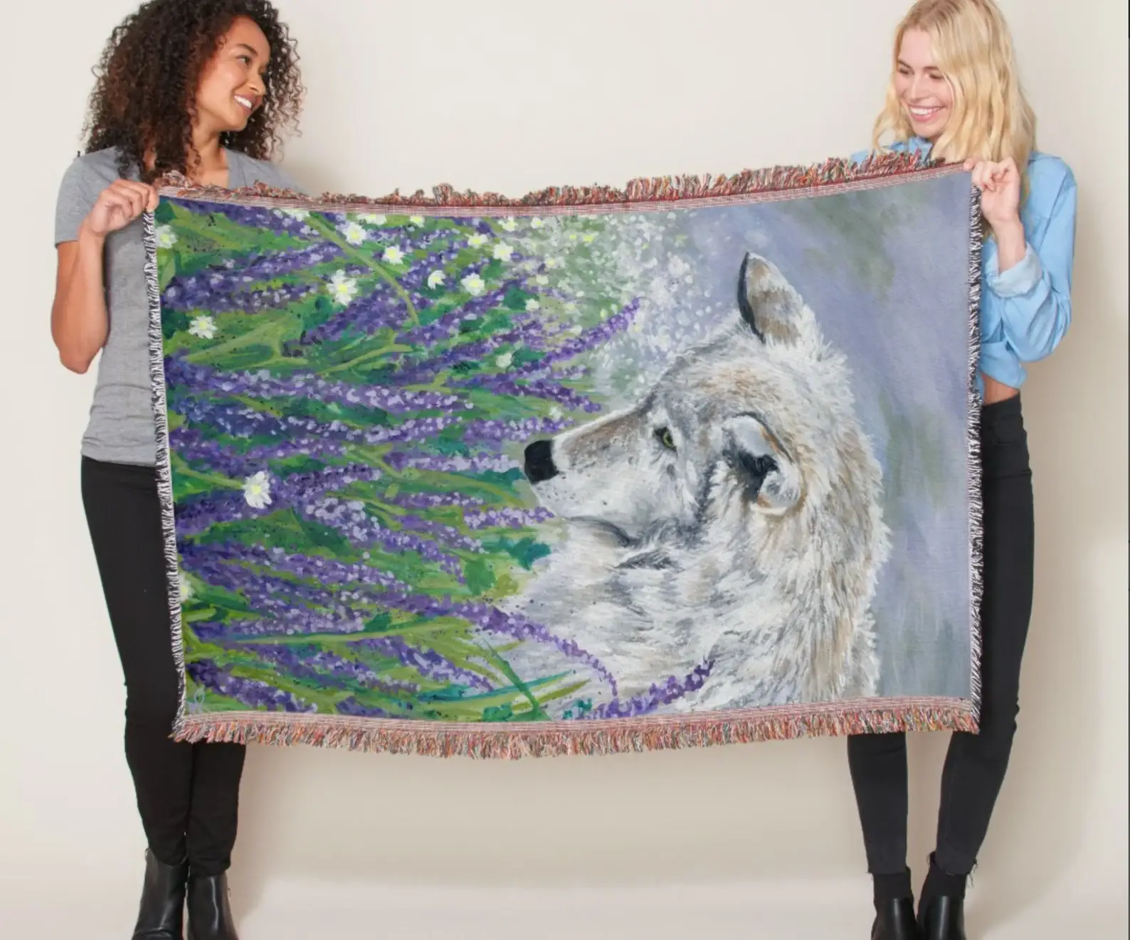 Blue Lavender Wolf Cottagecore Woven Afghan Blanket Tapestry for wholesale on Faire1