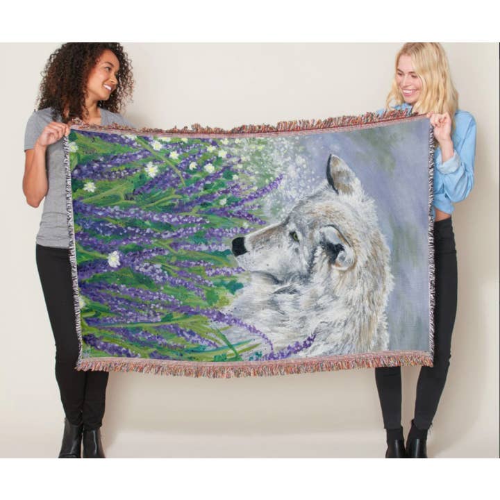Blue Lavender Wolf Cottagecore Woven Afghan Blanket Tapestry for wholesale on Faire1