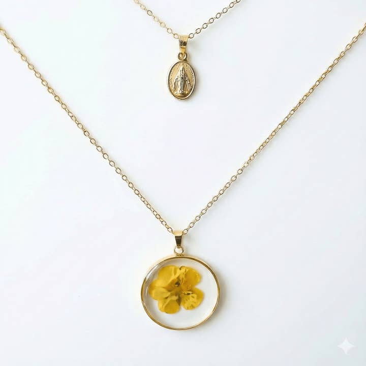 Gold Virgin Mary Necklace and Flowers Double Layer Necklace Set 18-inch for wholesale by Guadalupe Gifts