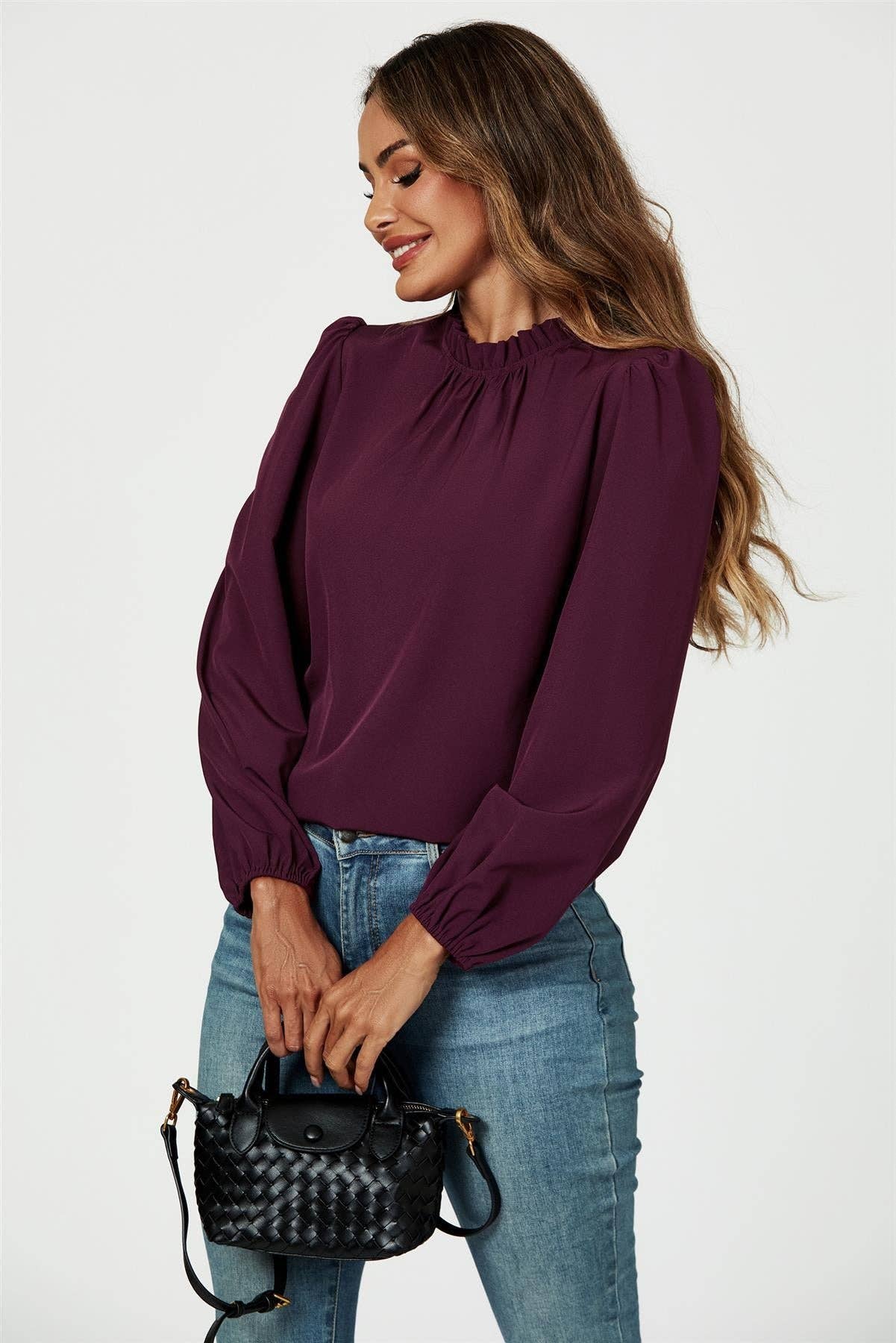 Frill Detail High Neck Top In Plum for wholesale on Faire5