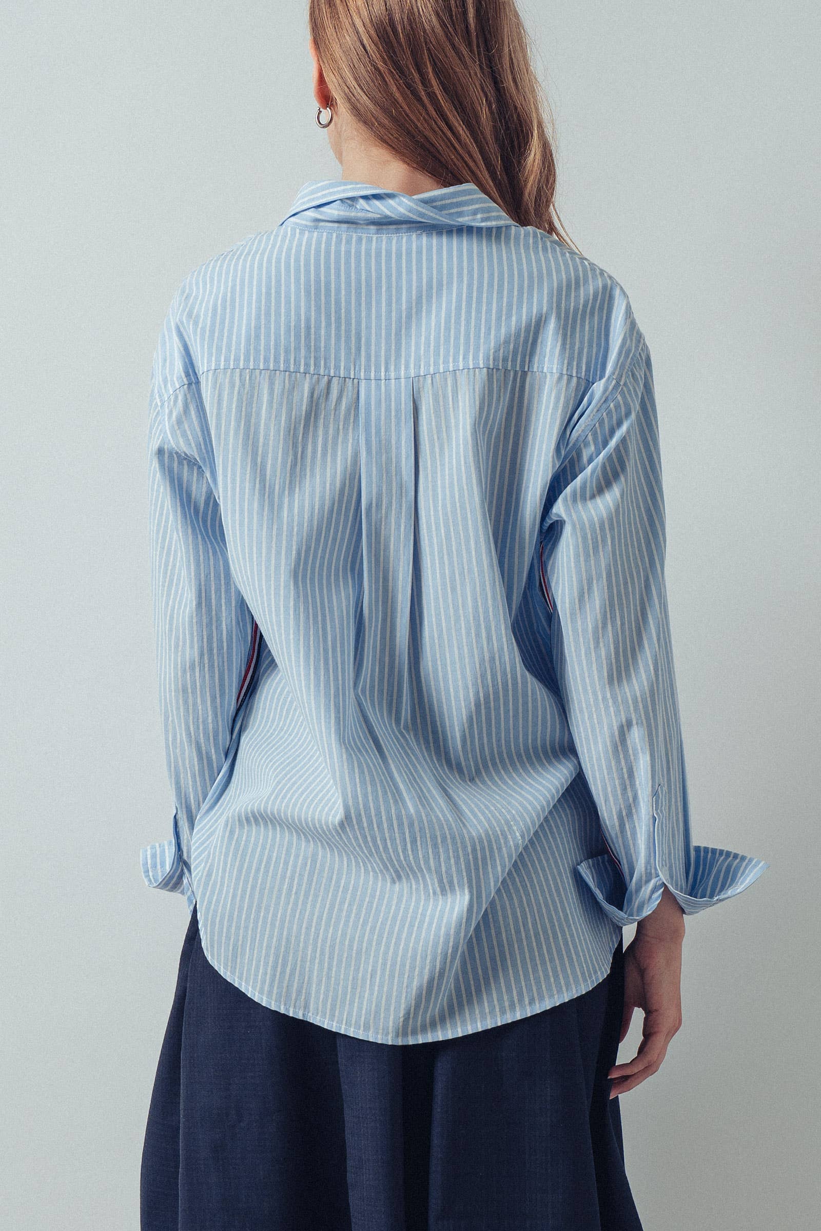 Urban Daizy - Wholesale Button Down Shirt - Women's - Striped Twill Tape Detail Statement Button Shirt3