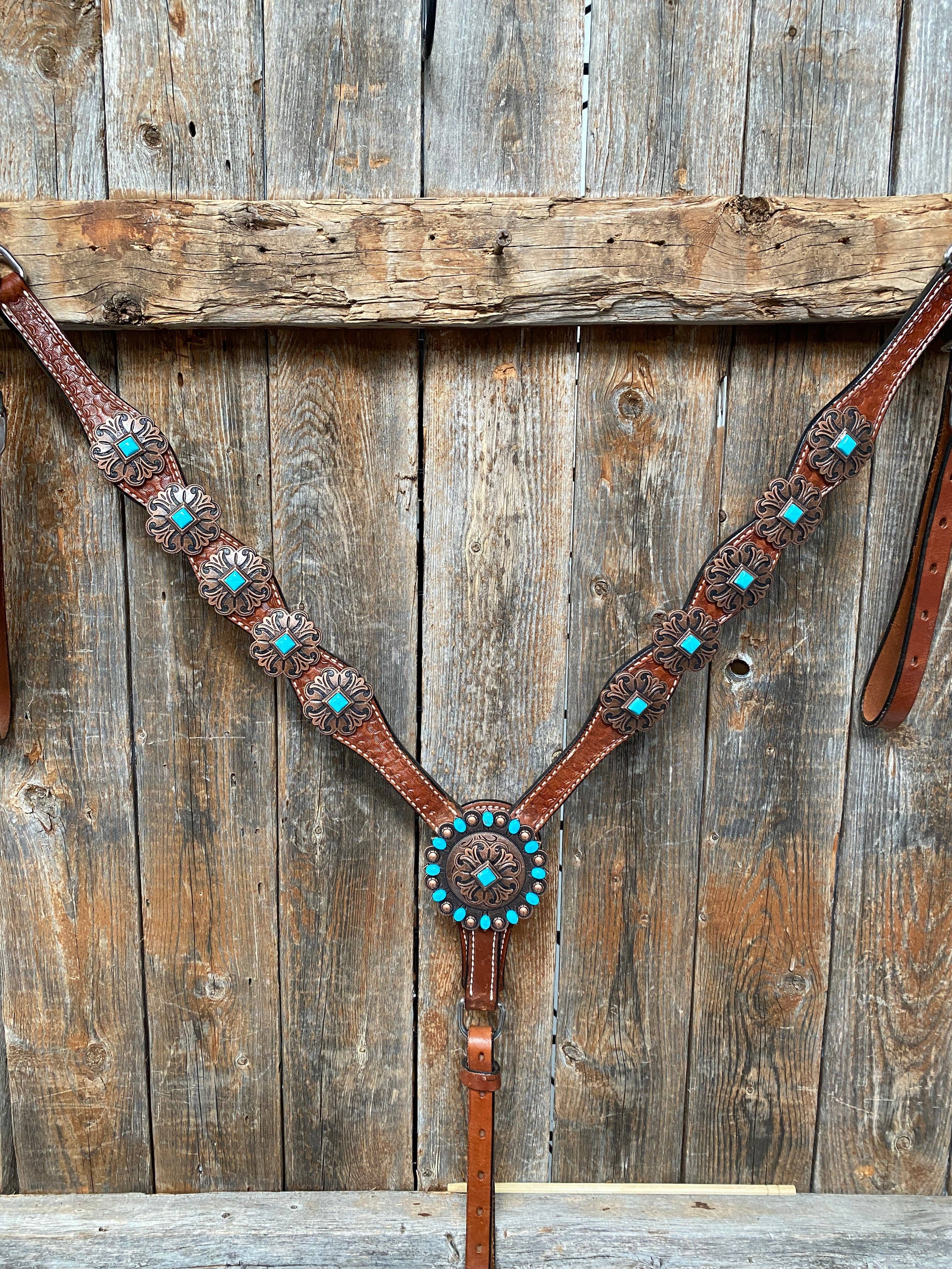 Rodeo Drive - Wholesale Horseback Riding Gear - Medium Basketweave Turquoise One Ear & Breastcollar Tack Set #OEBC4452