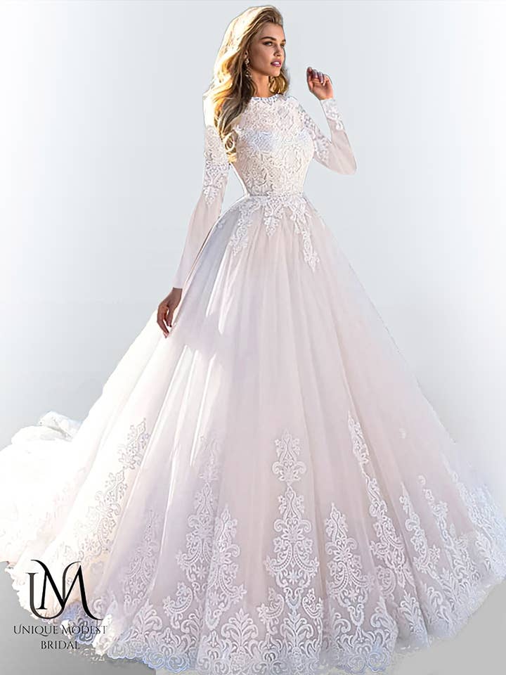 Stella - Long Sleeve A-Line / Ball Gown Modest Wedding Dress for wholesale by Unique Modest Bridal