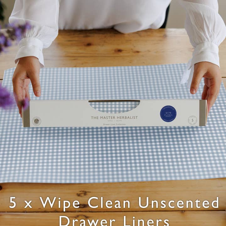 COOK'S BLUE GINGHAM Wipe Clean & Unscented Drawer Liners for wholesale by The Master Herbalist