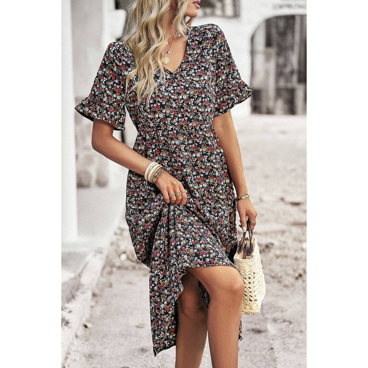 Supreme Fashion – wholesale Dress – Women's – Boho Floral Ruffle Hem V Neck Short Sleeve Dress8