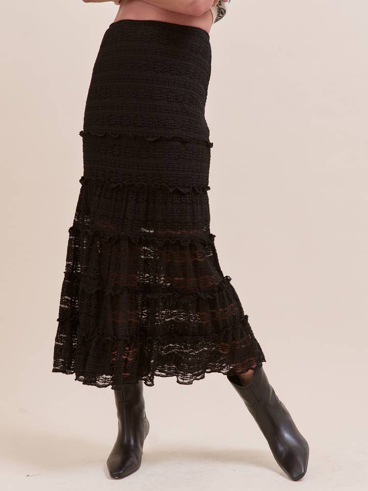 &MERCI - Wholesale Skirt - Women's - LACE TIERED RUFFLE TRIM MERMAID MIDI SKIRT MSK43951