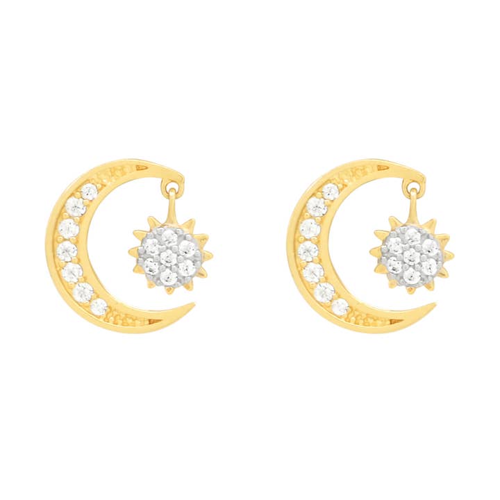 14k Solid Gold CZ Half Moon & Sun Dangle Studs for wholesale by Ofina Jewelry