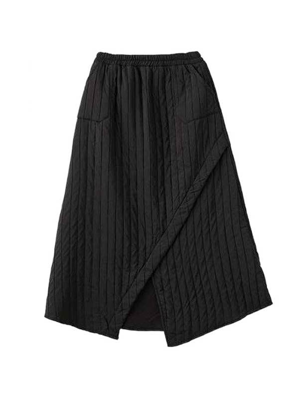 BLACK High Waisted Loose Asymmetric Elasticity Pockets Quilted Solid Color Skirts Bottoms for wholesale on Faire7