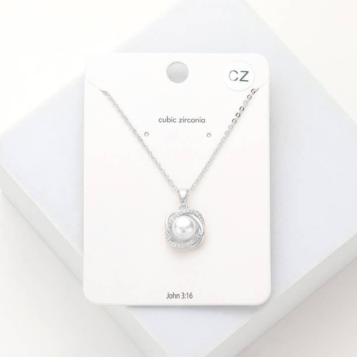 Pearl Centered CZ Embellished Pendant Necklace for wholesale by Sensibling Corp.