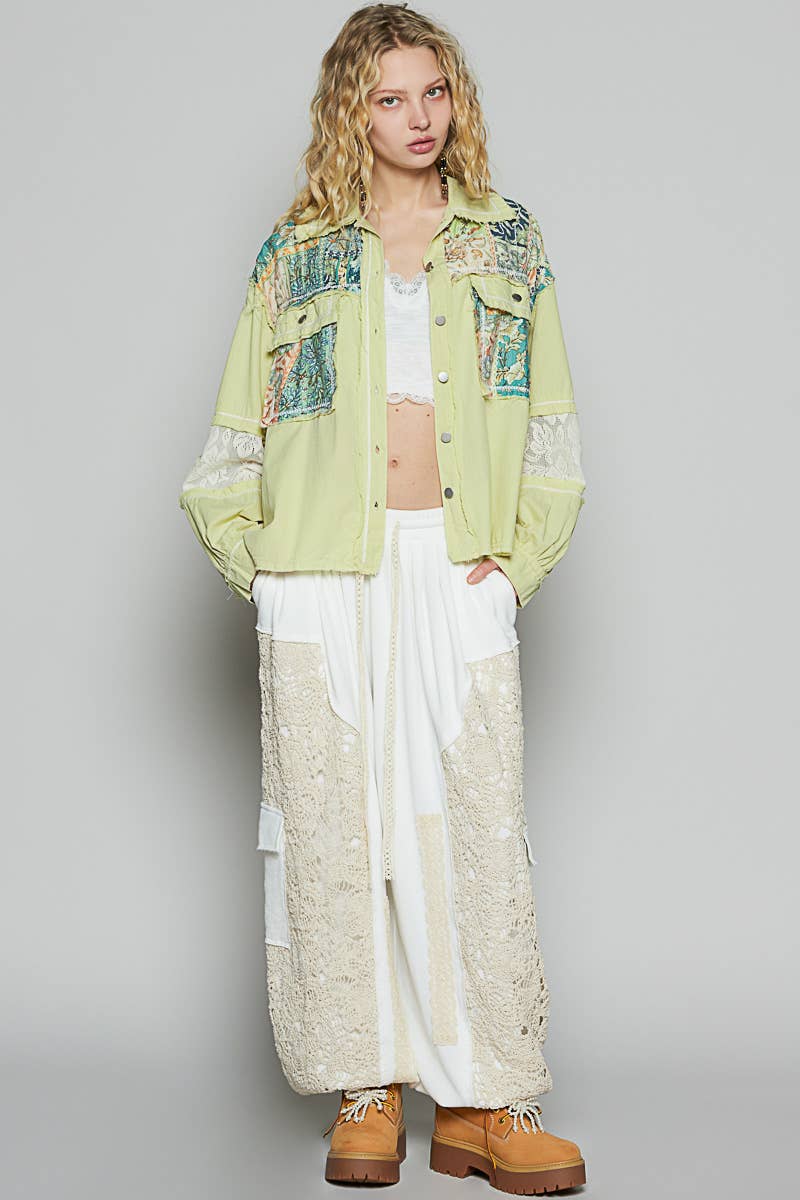 Pol Clothing - Wholesale Shirt Jacket/Shacket - Women's - Balloon sleeve printed woven mixed denim shacket SALE31