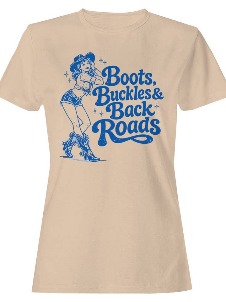Stiefel, Schnallen & Landstraßen Damen-T-Shirt Natur für den Großhandel von TShirtGuys.com