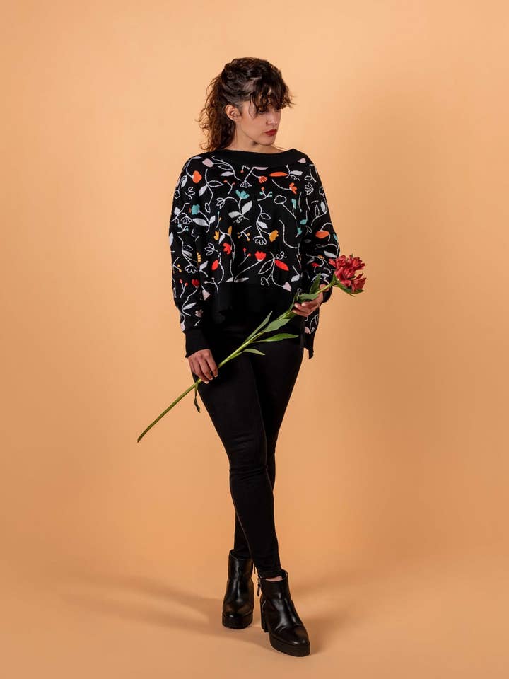 Black merino wool sweater with colorful flowers for wholesale by Magical Crisálida