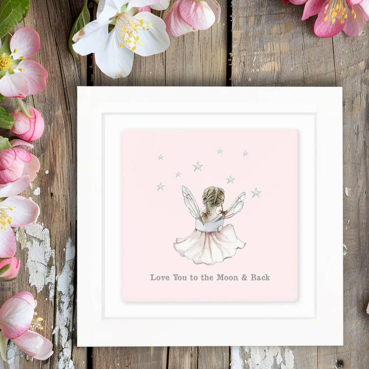 Ceramic Framed Tile Print – Fairy Love You To The Moon Art With Wooden Frame for wholesale by Crumble & Core