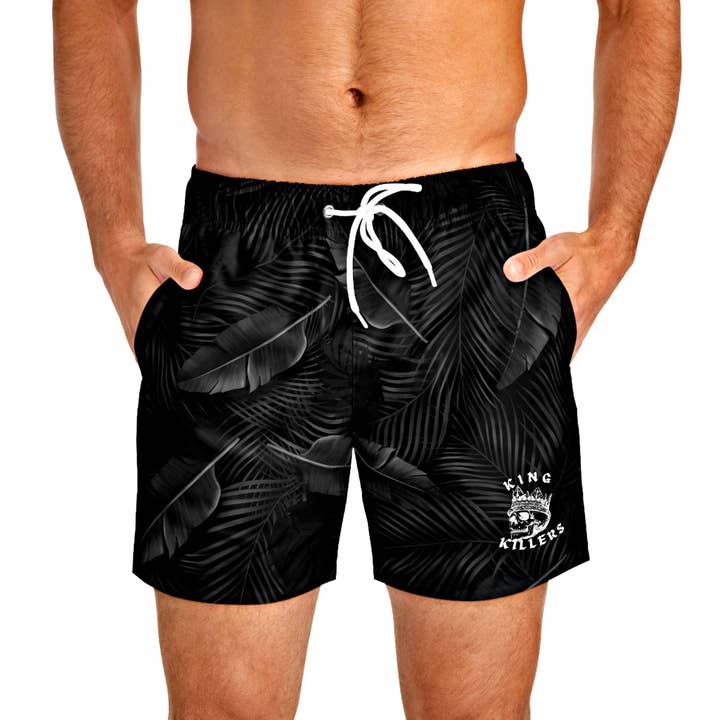 Black Palm Leaf Swim Trunks For Men for wholesale by King Killers