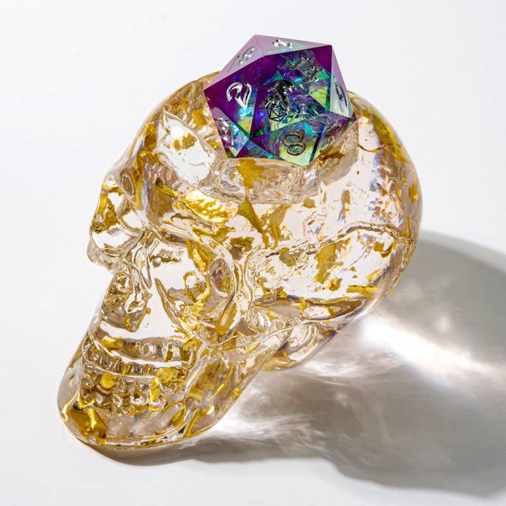 Porte-dés D20 Skull - Doré pour la vente par Hymgho Premium Dice