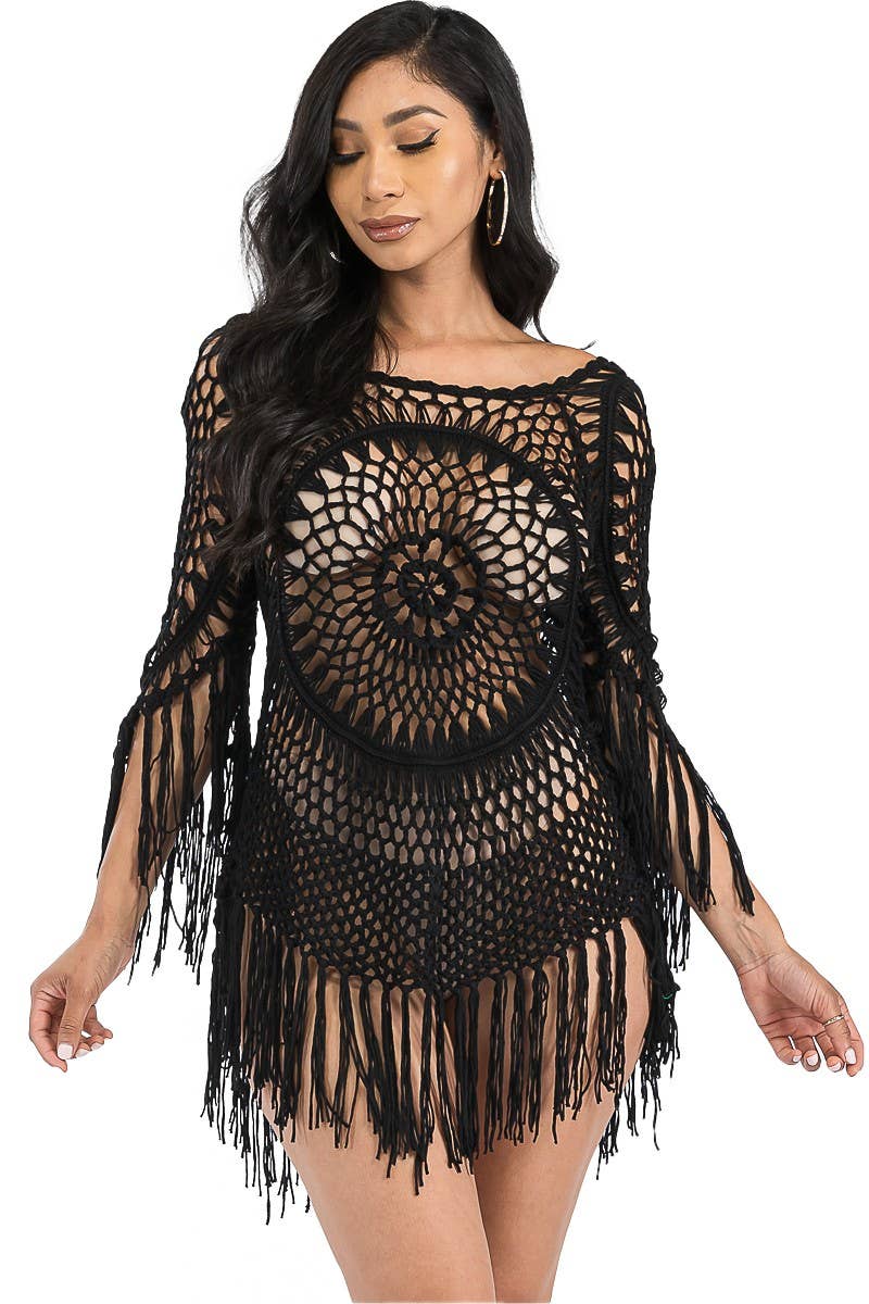 Cap Zone – Großhandel Strandkleid – Damen – Strick-Top mit Fransenbesatz und luftigem 3/4-Ärmel10