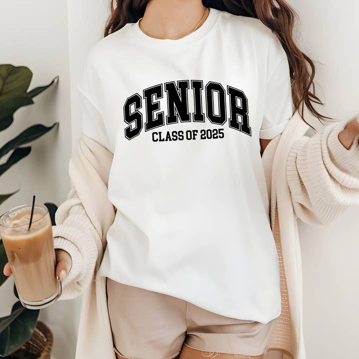 White Senior 2025 T-Shirt Back to School Apparel Class of 2025 for wholesale on Faire