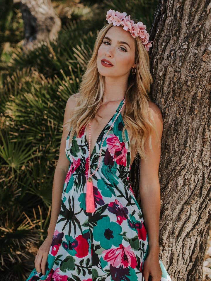 Maxi abito in cotone floreale, abito sexy senza maniche in cotone lungo boho con scollo all'americana, maxi abito estivo per donna, abito Ibiza per la vendita all'ingrosso da parte di Miss Kitsch