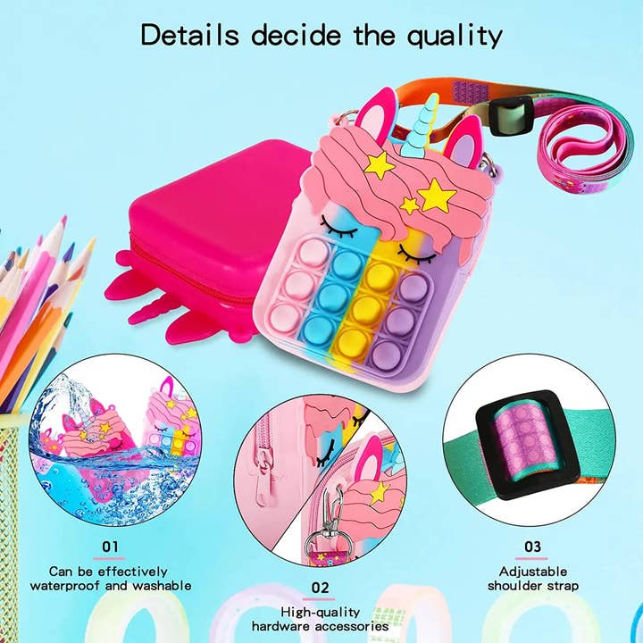 JSBlueRidge Toys – Engroshandel Crossbodytaske – til børn – Enhjørning Pop it Fidget Stuffer Valentins Pige Taske6
