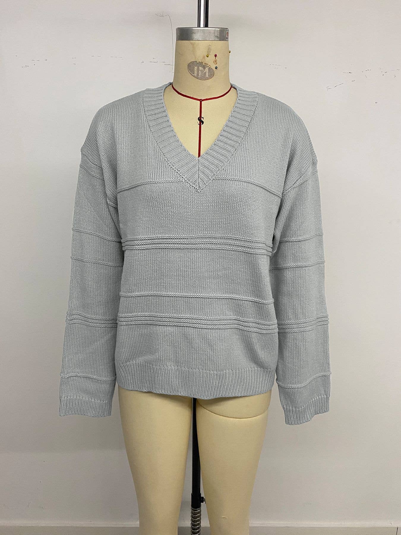 GREY Casual style loose V-neck solid color sweater for wholesale on Faire11