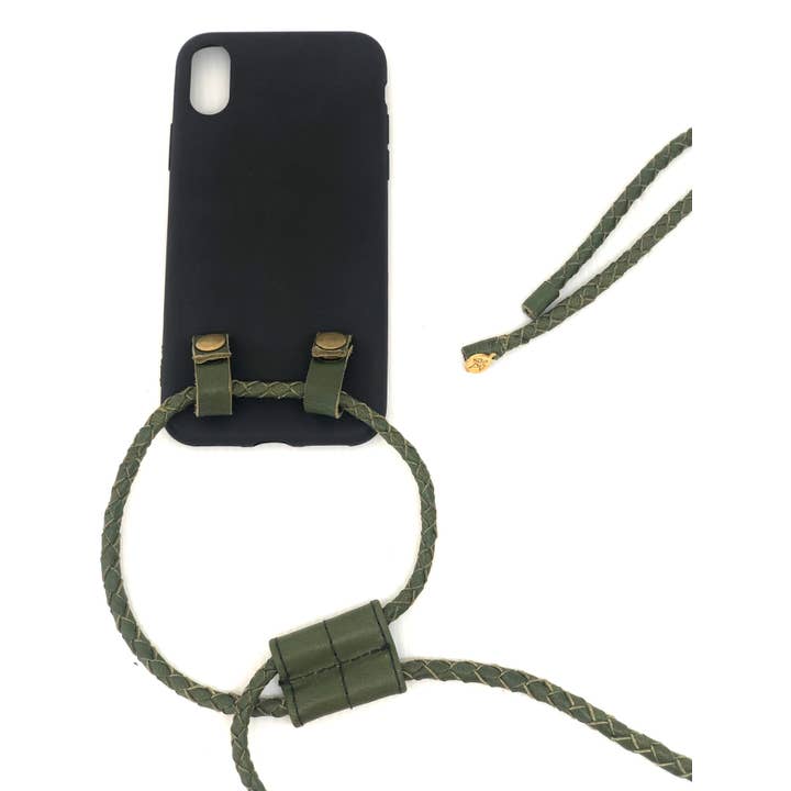 Étui pour iPhone noir, ficelle en cuir olive pour la vente par LINDA HERING
