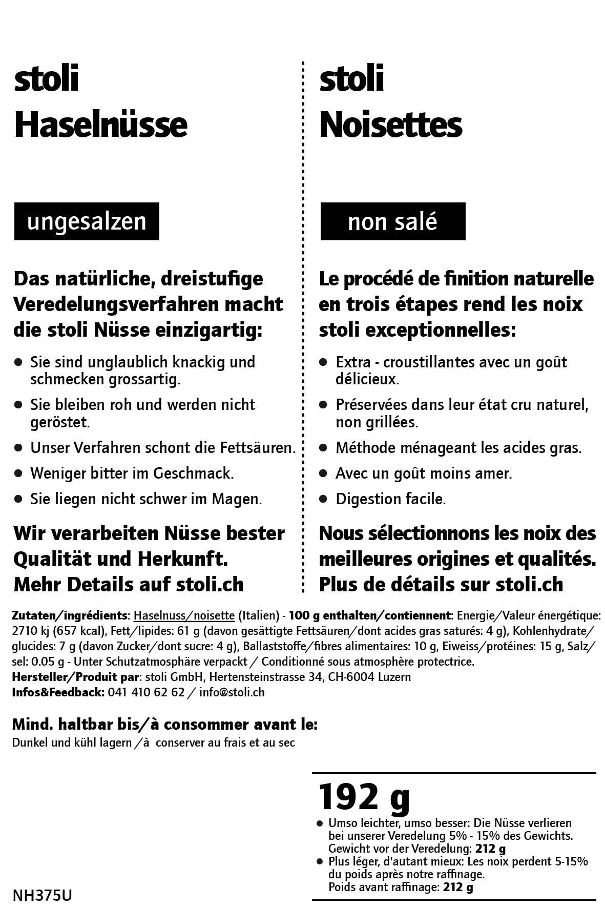 Stoli – Großhandel Nüsse – Hazelnuts 192 g unsalted NH375U1