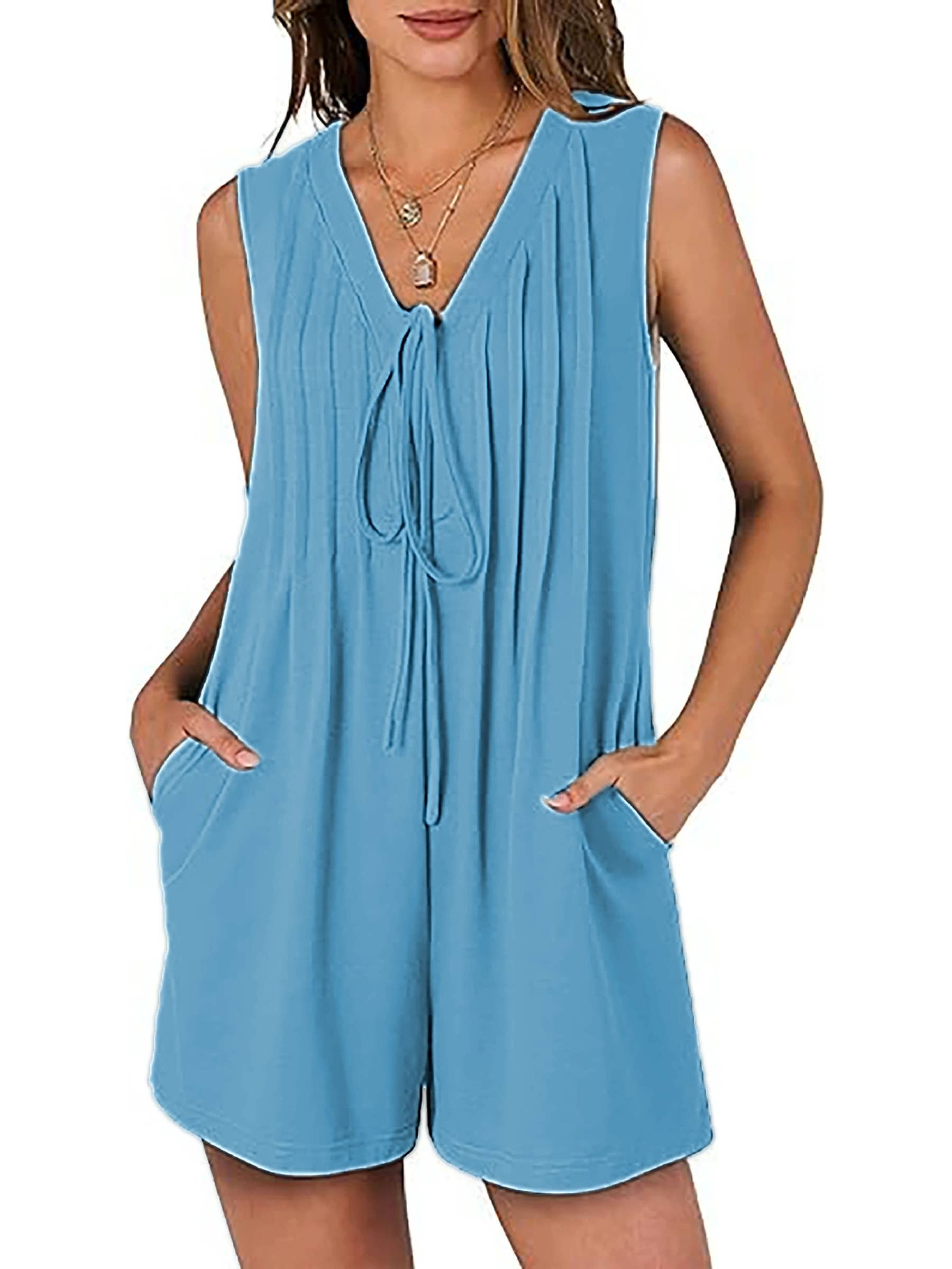 Wholesalesir - Wholesale Romper - Women's - Loose Sleeveless Pleated Front Lace Up Jumpsuit Pocket3