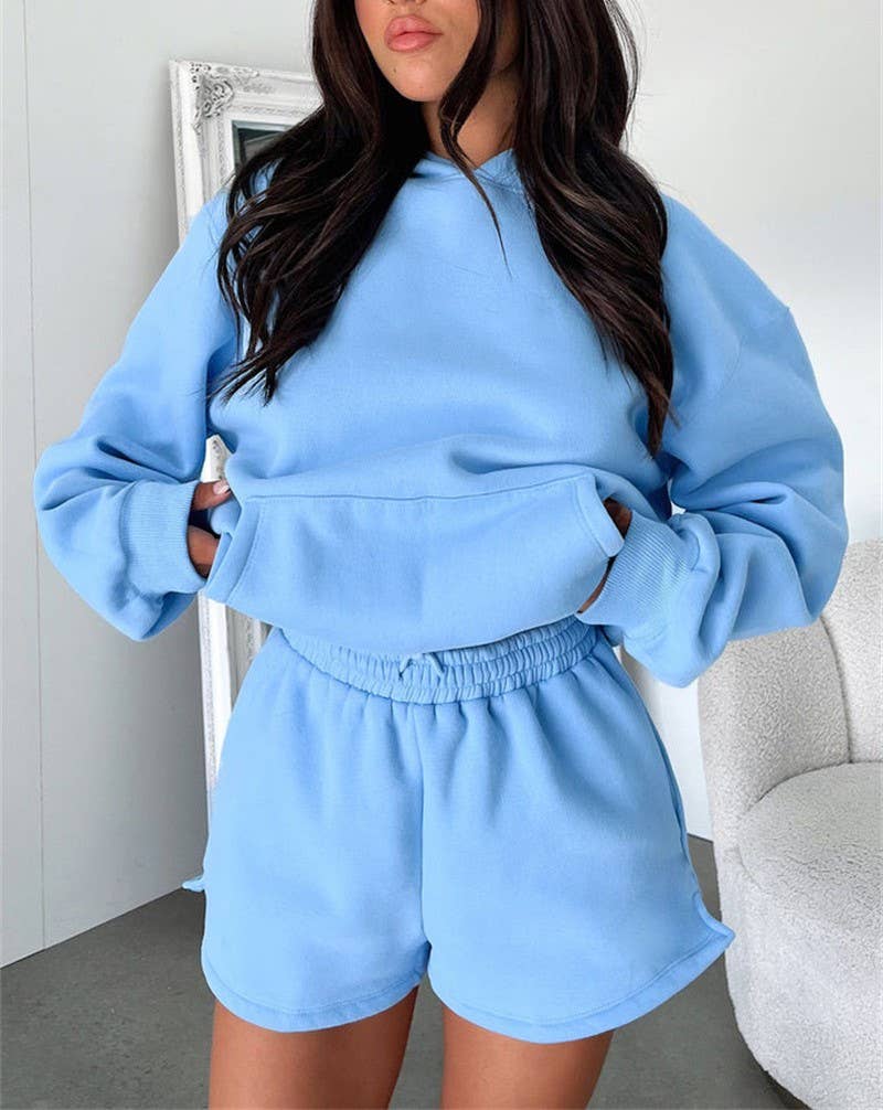 HIDDENBRAND - Wholesale Lounge Set - Women's - basic pocket hoodie &  drawstring short set outfits15