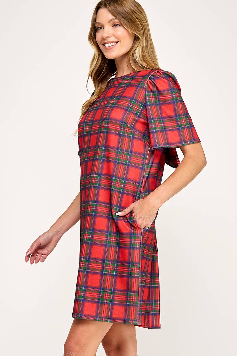 Peace Love Line – Großhandel Kleid – Damen – PL9704 - KARIERTES SHIFTKLEID MIT SCHLEIFENDETAIL AM RÜCKEN2