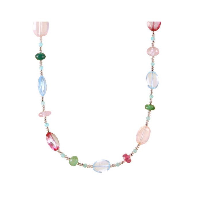 N-3944 ROSE QUARTZ, TOPAZ, GRANDIDIERITE, SAPPHIRE NECKLACE for wholesale by Alicia Van Fleteren Jewelry Design