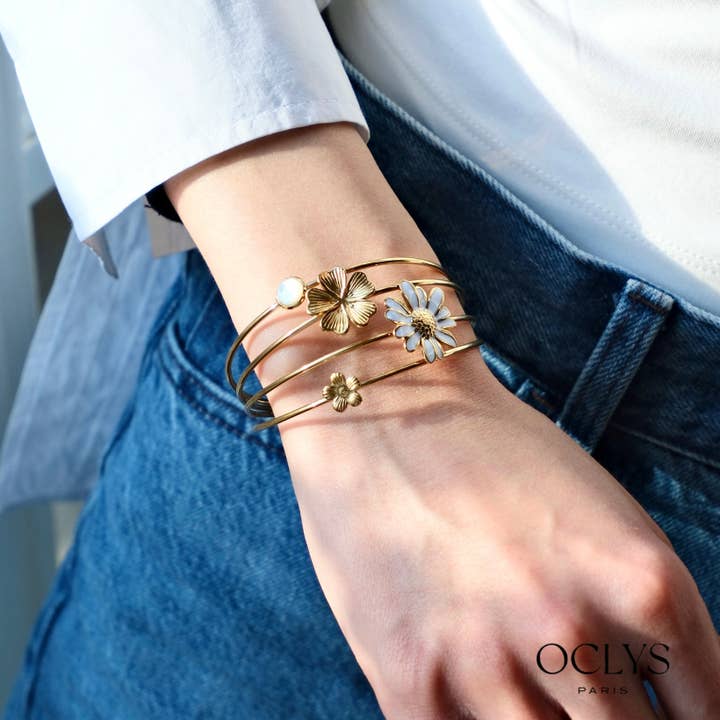 Oclys - Wholesale Cuff Bracelet - Fina gold stainless steel floral cuff bracelet3