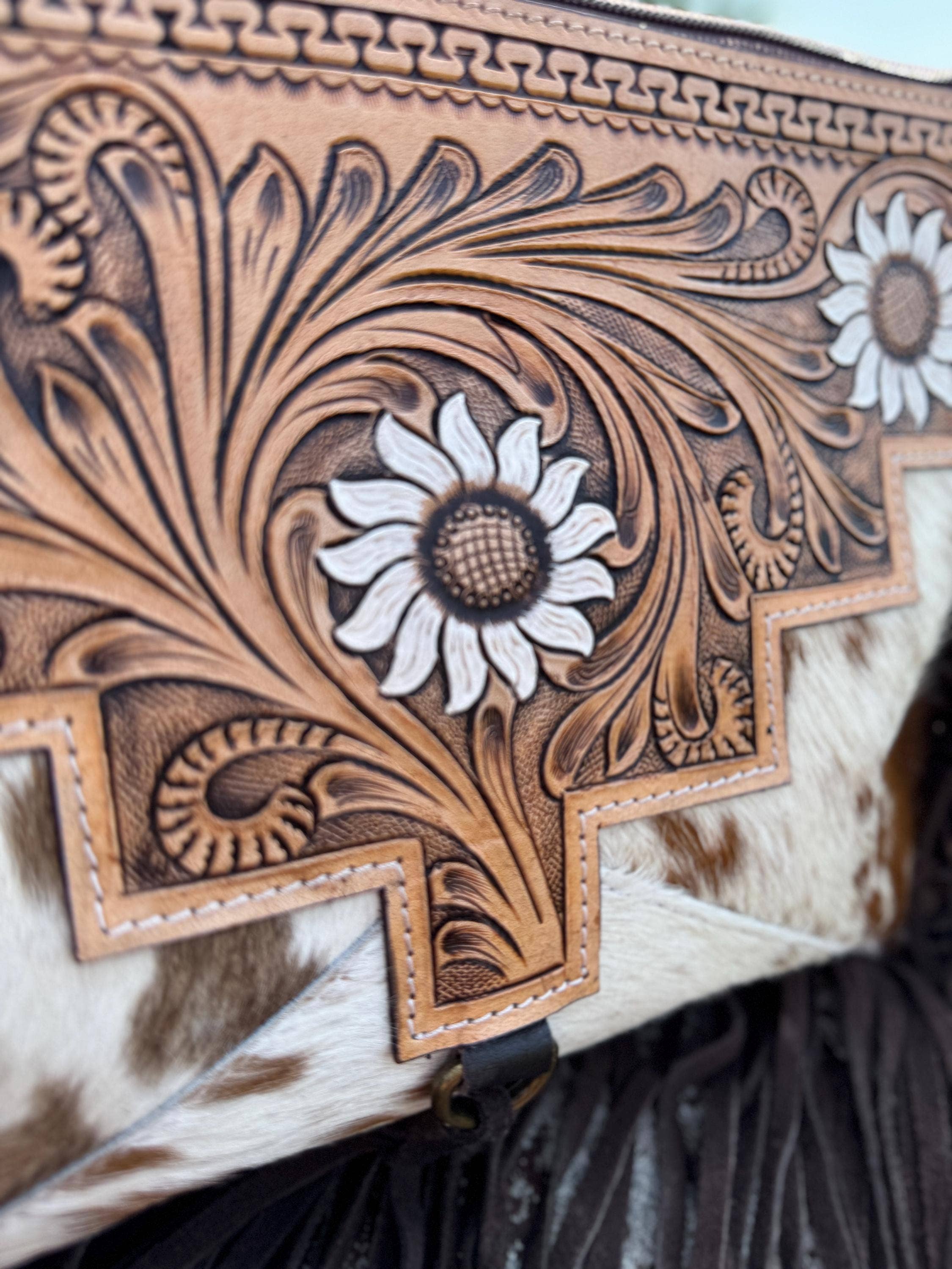 Double B Wild Rags - Wholesale Crossbody Bag - Women's - Genuine Western Cowhide Leather Purse and Clutch with white daisy floral painted details a Double B Wild Rags Exclusive3