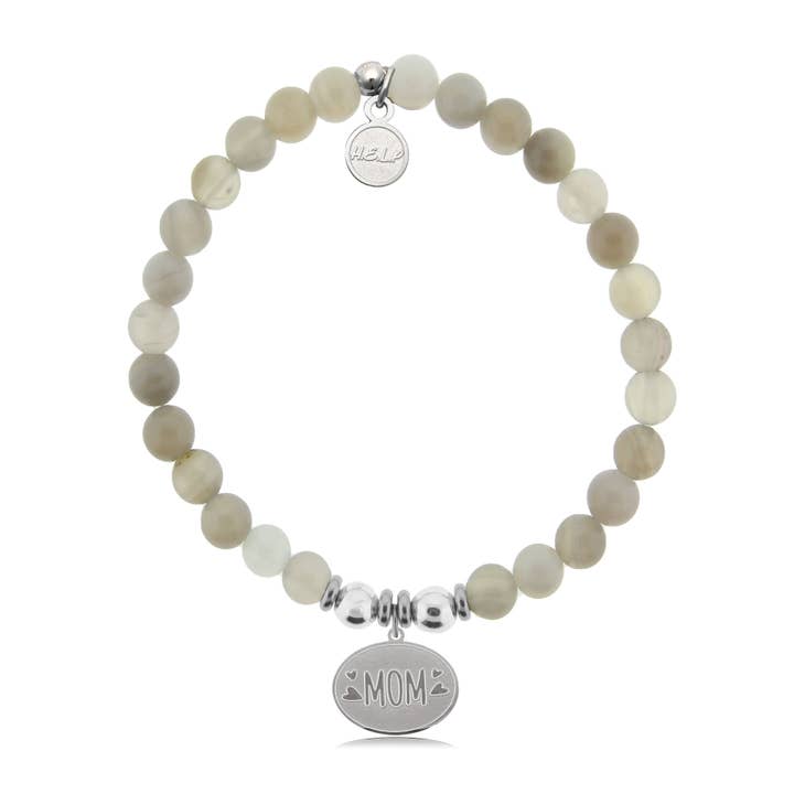 Mom Hearts Charm with Grey Stripe Agate Charity Bracelet for wholesale by H.E.L.P