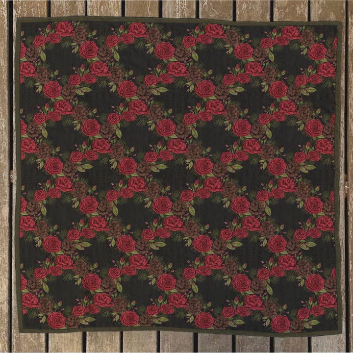 Dark Christmas Rose Wreath Silk/Satin Scarf in Red & Green for wholesale by Evolation Creative