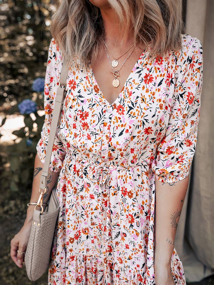 Rød Boho blomster V-hals maxi kjole for engroshandel på Faire4