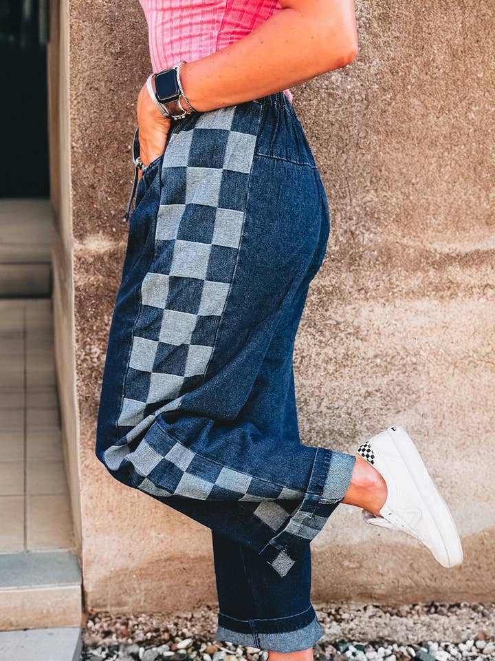 Sail Blue Checkered Side Panel Patchwork Drawstring Loose Denim Pants for wholesale by Lovesoft