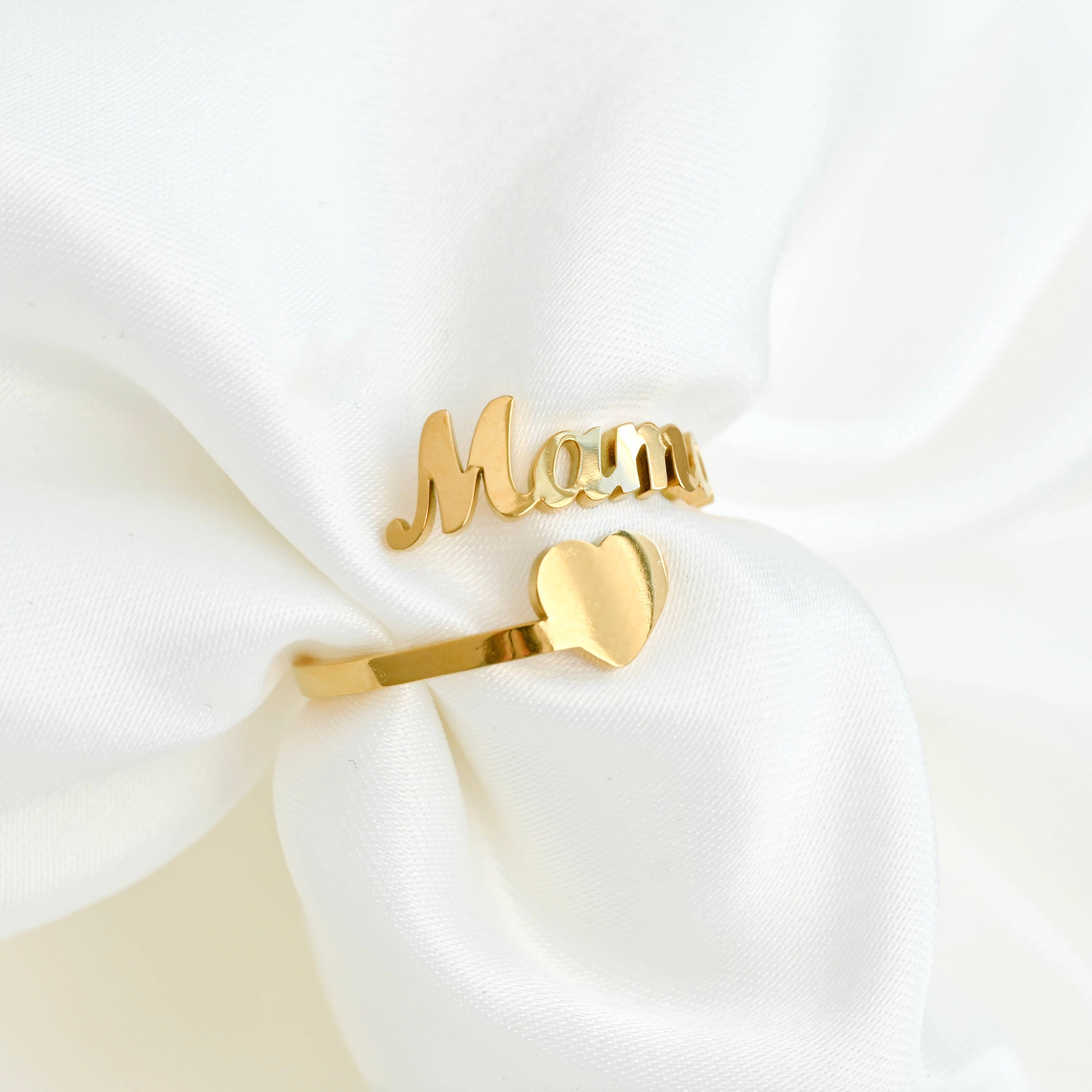 Blueyejewelry – wholesale Band/Stackad Ring – Mama hjärtring - Öppen guldmama-ring - Smyckesgåva till mamma5