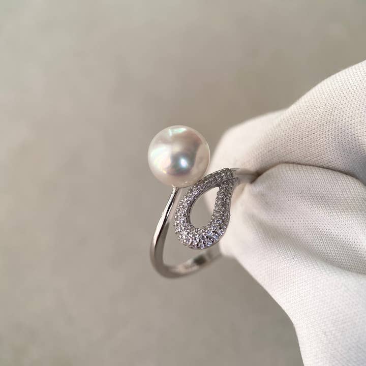 b29 - Wholesale Single stone/solitaire ring - 6A 8mm Japanese Crystal-White Akoya Pearl Ring Pink Overtone8