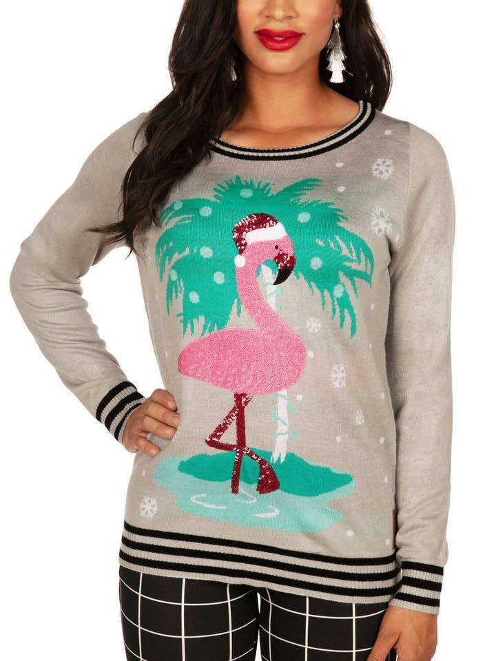Tipsy Elves - Wholesale Knit Sweater - Women's - Sequin Flamingo Women's Tropical Christmas Sweater