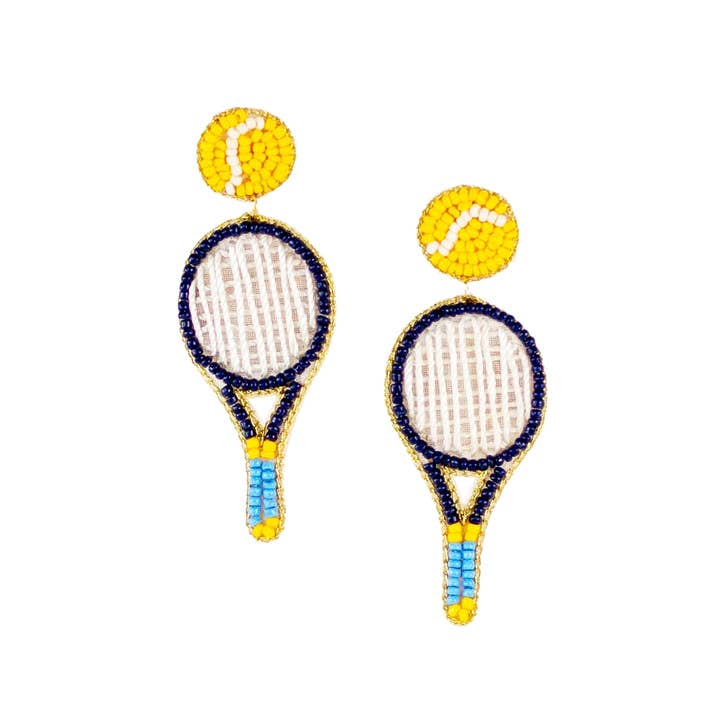 The Royal Standard - Wholesale Dangle earrings - Tennis Racquet Beaded Earrings Blue/Yellow 2.5"