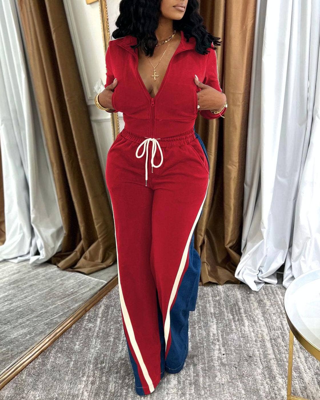 HIDDENBRAND - Wholesale Top & Pant Set (NOT Loungewear) - Women's - Long sleeves zip patchwork crop jacket pants set 2 pcs2