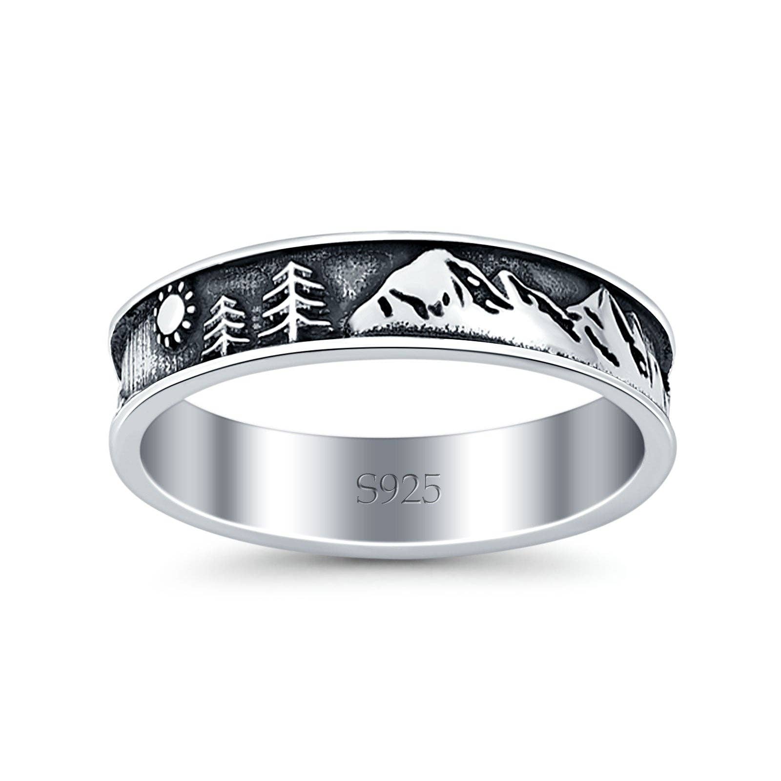 Argento Sterling. Anello a fascia ossidato con montagne e alberi (5mm) in vendita all'ingrosso su Faire1