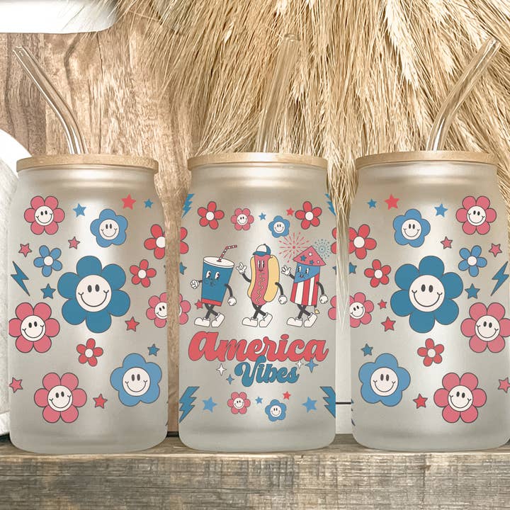 Retro America Vibes 4th of July 16oz Frosted Libbey Glass Tumbler for wholesale by Kate Haven Glass Tumblers for Every Occasion