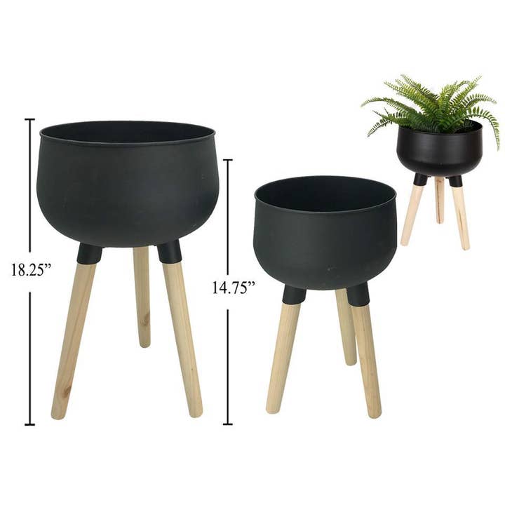 Truu Design Boho Metal Planter w/ Wood leg,Black,Set/2,L,S for wholesale by Truu Design