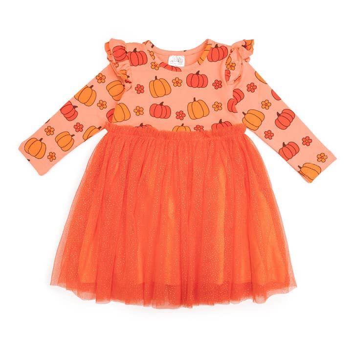 Sweet Wink - Wholesale Dress – Kids - Pumpkin Daisy Orange Long Sleeve Tutu Dress - Girls Clothes