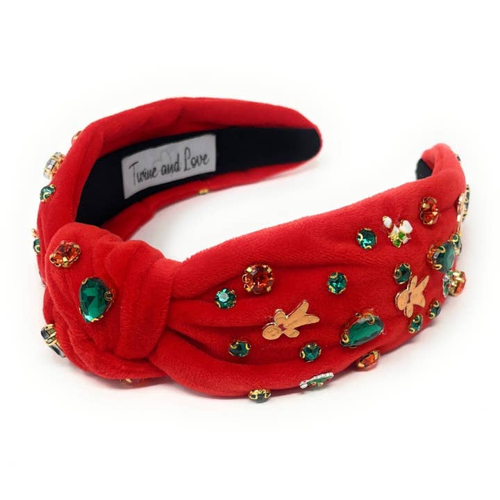 Rød velour julehovedbøjle med juvelknude for engroshandel hos Twine and Love